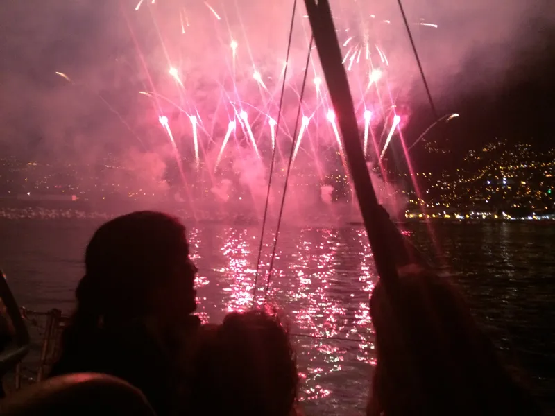 Guests on deck watching fireworks over Funchal at night